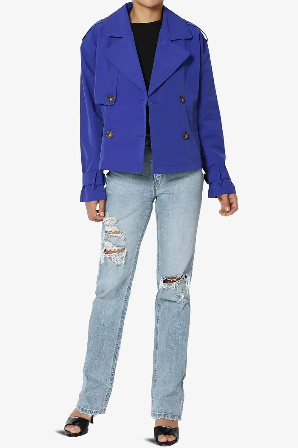 TheMogan Junior's Double Breasted Cropped Jacket Casual Notched Lapel Lightweight Trench Coat