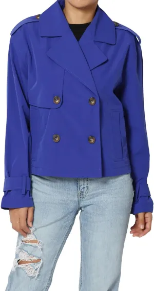 TheMogan Junior's Double Breasted Cropped Jacket Casual Notched Lapel Lightweight Trench Coat