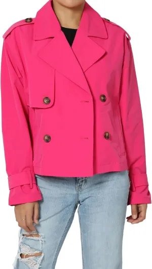 TheMogan Junior's Double Breasted Cropped Jacket Casual Notched Lapel Lightweight Trench Coat