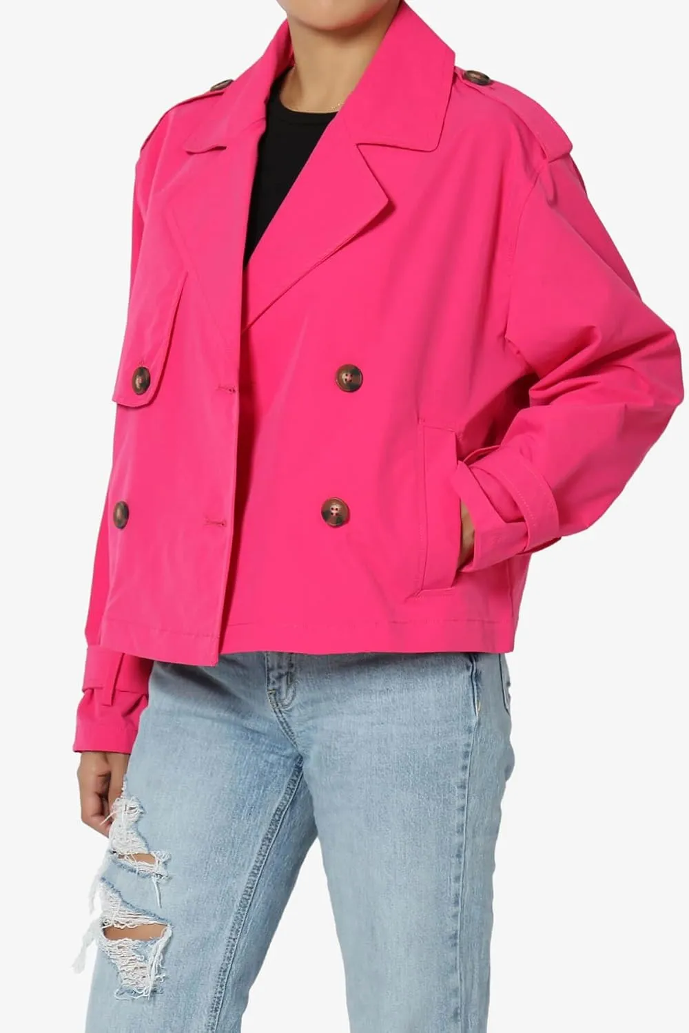 TheMogan Junior's Double Breasted Cropped Jacket Casual Notched Lapel Lightweight Trench Coat