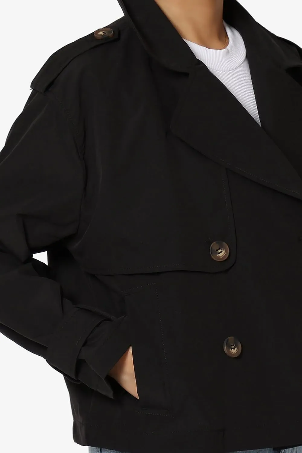 TheMogan Junior's Double Breasted Cropped Jacket Casual Notched Lapel Lightweight Trench Coat