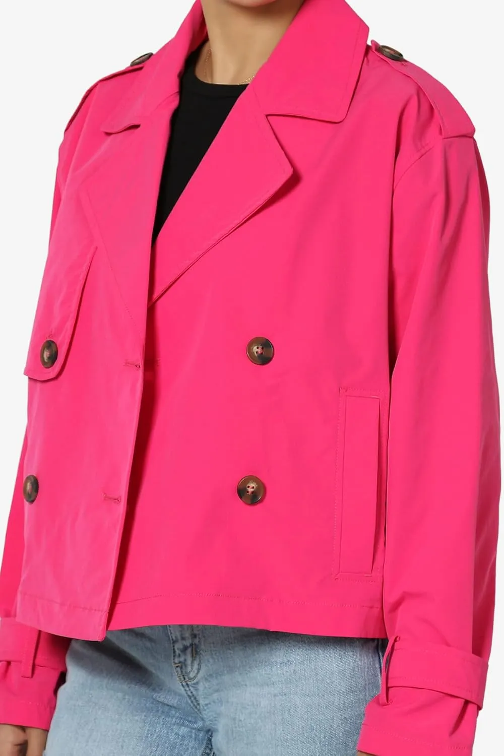 TheMogan Junior's Double Breasted Cropped Jacket Casual Notched Lapel Lightweight Trench Coat