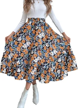 THLAI Women Floral Midi Skirt Sexy Aline Skirt Pleated Fall Skirt High Waisted Long Skirt Leopard Skirt