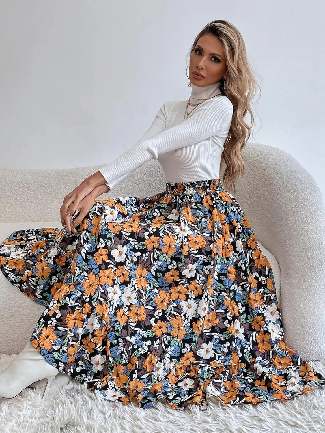 THLAI Women Floral Midi Skirt Sexy Aline Skirt Pleated Fall Skirt High Waisted Long Skirt Leopard Skirt