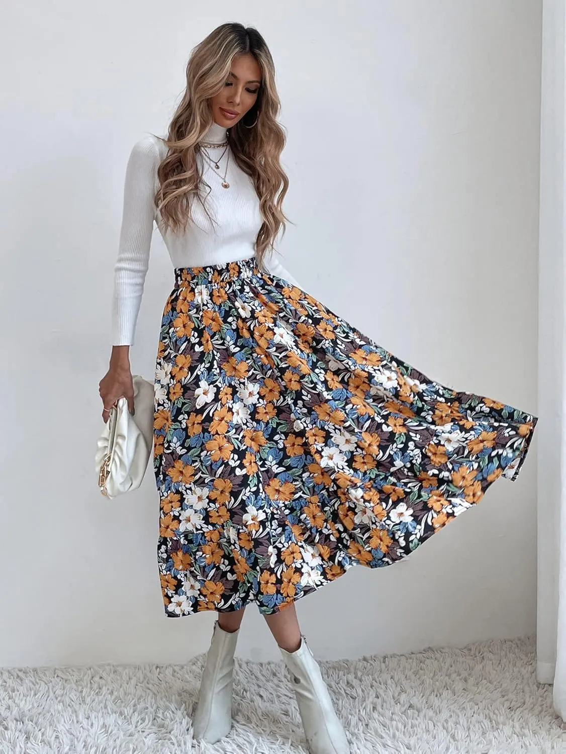 THLAI Women Floral Midi Skirt Sexy Aline Skirt Pleated Fall Skirt High Waisted Long Skirt Leopard Skirt