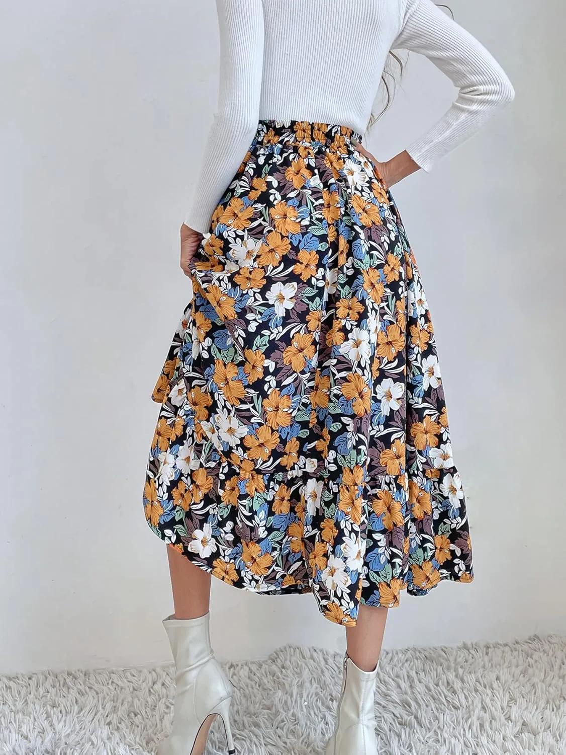 THLAI Women Floral Midi Skirt Sexy Aline Skirt Pleated Fall Skirt High Waisted Long Skirt Leopard Skirt