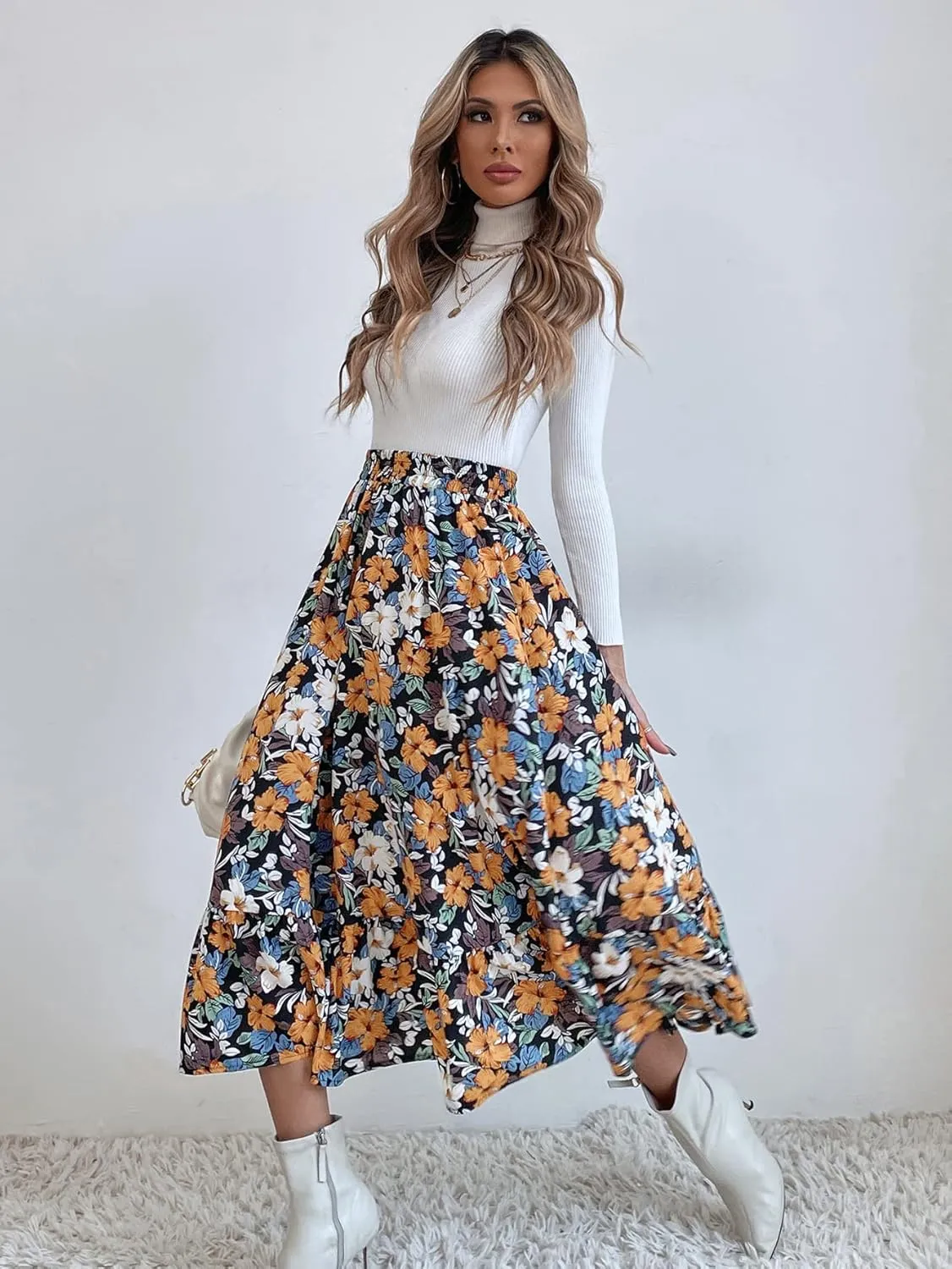 THLAI Women Floral Midi Skirt Sexy Aline Skirt Pleated Fall Skirt High Waisted Long Skirt Leopard Skirt