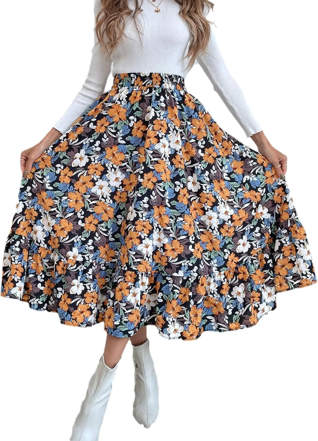 THLAI Women Floral Midi Skirt Sexy Aline Skirt Pleated Fall Skirt High Waisted Long Skirt Leopard Skirt