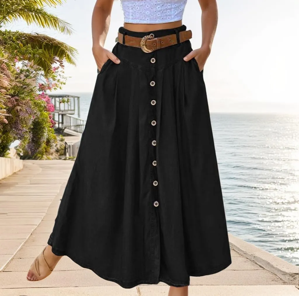 TIAFORD Womens High Waist A Line Long Skirt with Pockets Casual Loose Slit Button Down Lightweight Beach Maxi Skirt