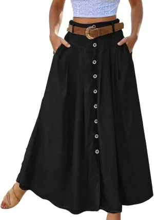 TIAFORD Womens High Waist A Line Long Skirt with Pockets Casual Loose Slit Button Down Lightweight Beach Maxi Skirt