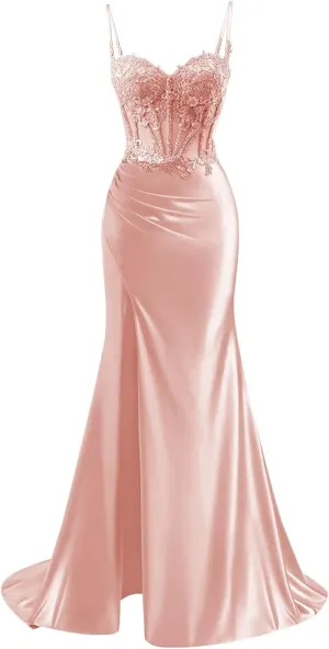 TORYEMY Spaghetti Strap Satin Prom Dress with Slit Lace Appliques Sweetheart Mermaid Long Formal Evening Gown for Women