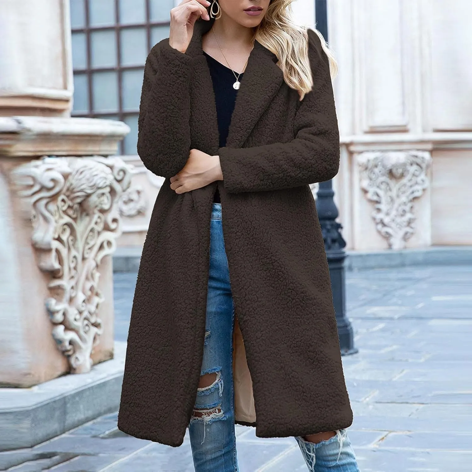 Trench Coat for Women 2024 Fuzzy Fleece Long Coat Notch Lapel Pea Coat Open Front Cardigan Fall Winter Outfitsa