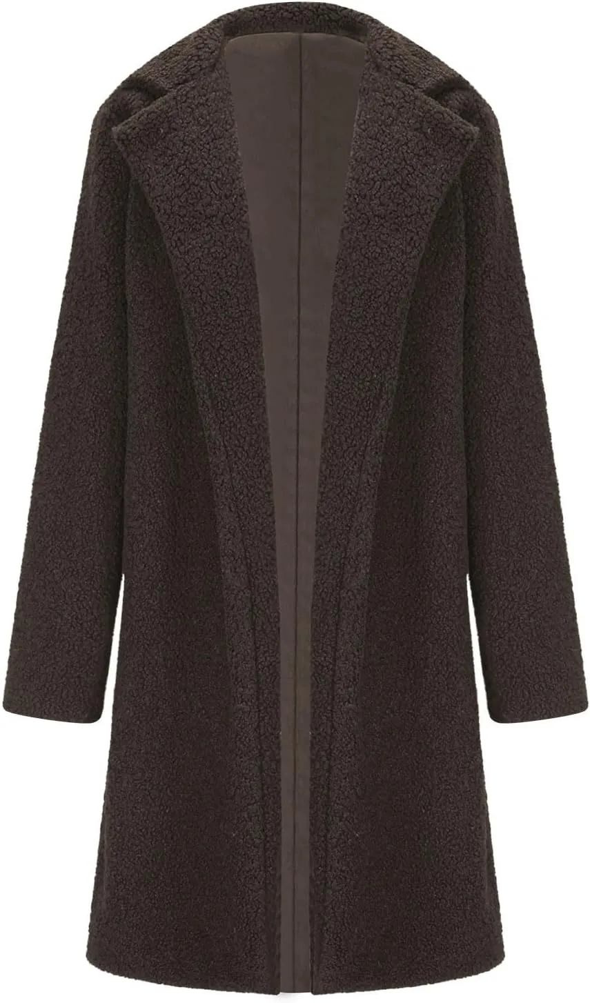 Trench Coat for Women 2024 Fuzzy Fleece Long Coat Notch Lapel Pea Coat Open Front Cardigan Fall Winter Outfitsa