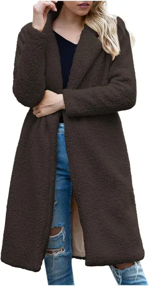 Trench Coat for Women 2024 Fuzzy Fleece Long Coat Notch Lapel Pea Coat Open Front Cardigan Fall Winter Outfitsa