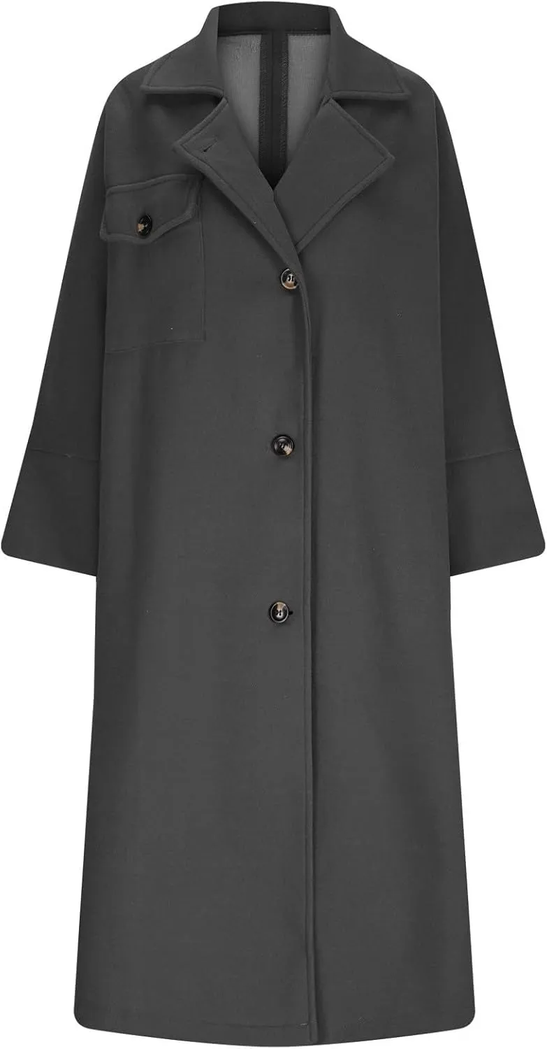 Trench Coat for Women 2024 Single Breasted Wool Coat Notch Lapel Jacket Plus Size Pea Coat Long Trendy Winter Coat