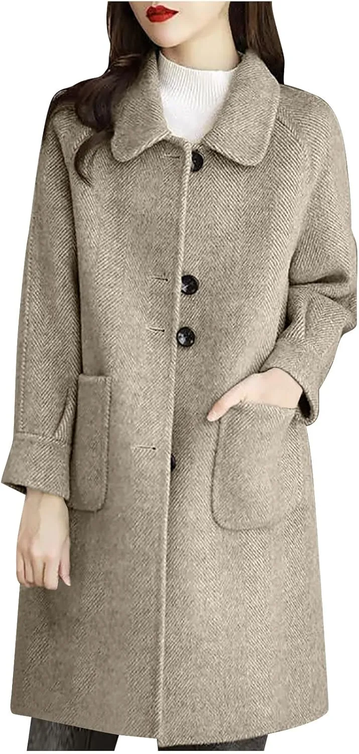 Trench Coat for Women 2024 Single Breasted Wool Coat Notch Lapel Pea Coat Plus Size Dressy Coat Casual Winter Outfits