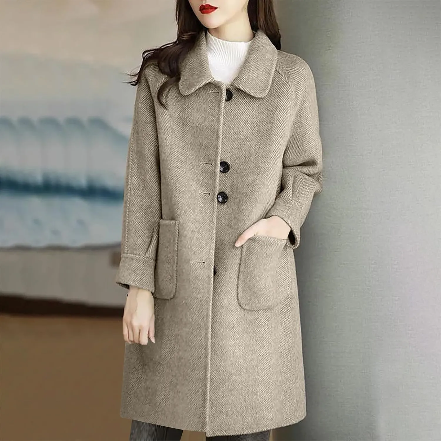 Trench Coat for Women 2024 Single Breasted Wool Coat Notch Lapel Pea Coat Plus Size Dressy Coat Casual Winter Outfits