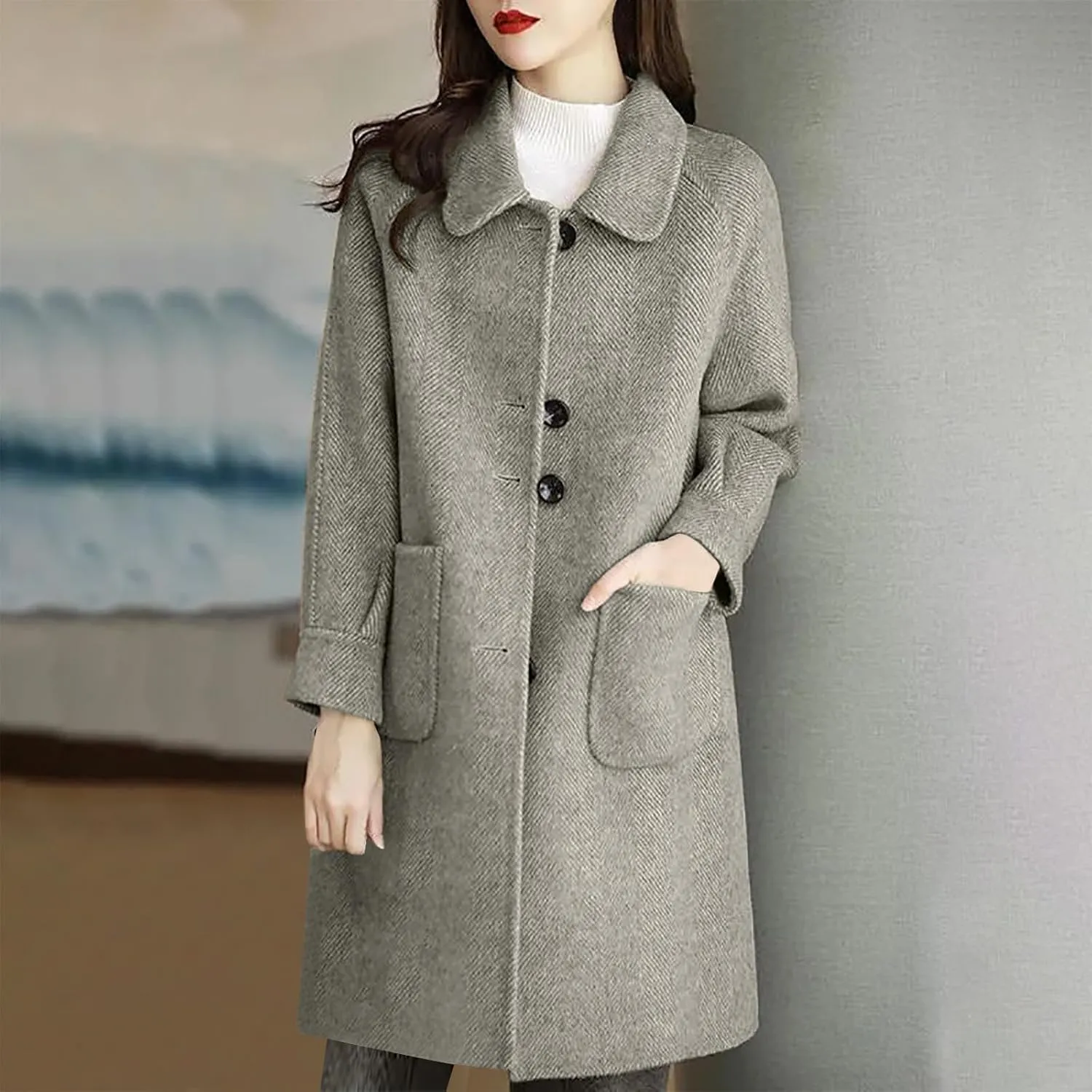 Trench Coat for Women 2024 Single Breasted Wool Coat Notch Lapel Pea Coat Plus Size Dressy Coat Casual Winter Outfits