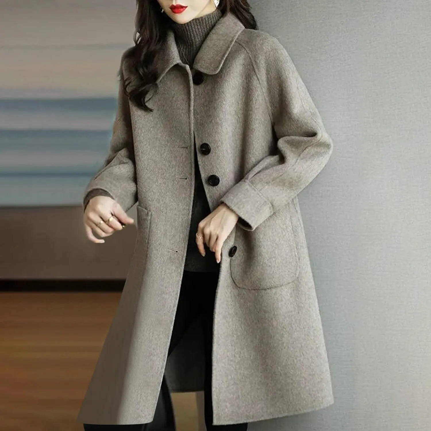 Trench Coat for Women 2024 Single Breasted Wool Coat Notch Lapel Pea Coat Plus Size Dressy Coat Casual Winter Outfits