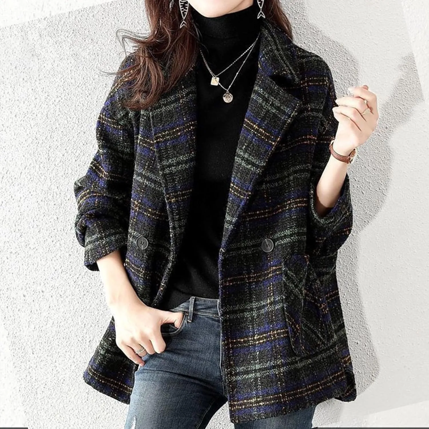 Trench Coat Women Plaid Single Breasted Coat Lapel Pea Coat Plus Size Wool Blend Coats Dressy Casual Jackets