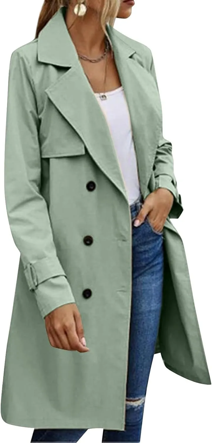 Trench Coat Women,2024 Classic Lapel Double Breasted Overcoat With Belted Elegant Trendy Mid-Length Fall Windbreaker