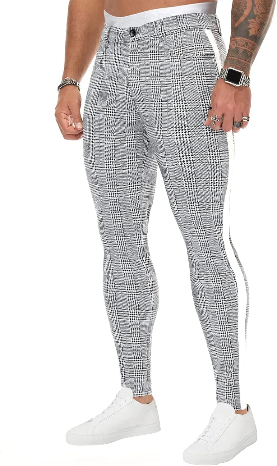 TRGPSG Plaid Skinny Chinos Pants Men Stretch Slim Fit Dress Pants