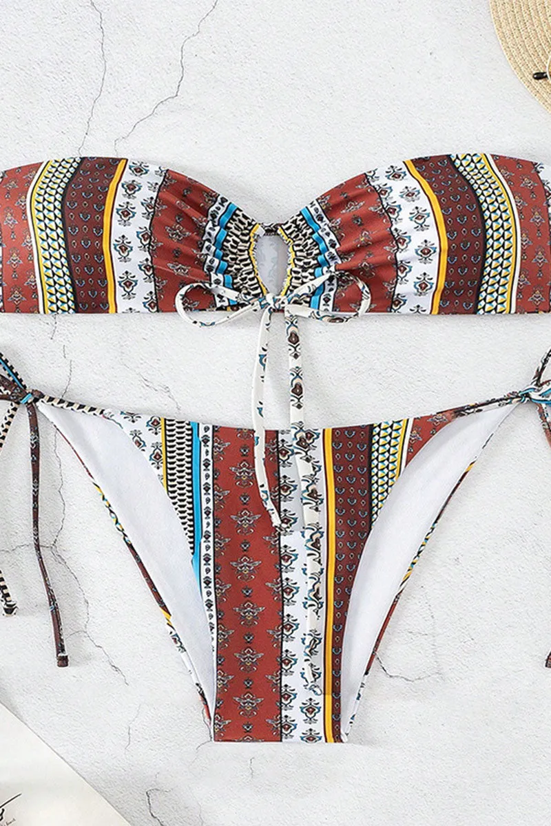 Tribal Print Retro Strapless Lace-Up Bikini