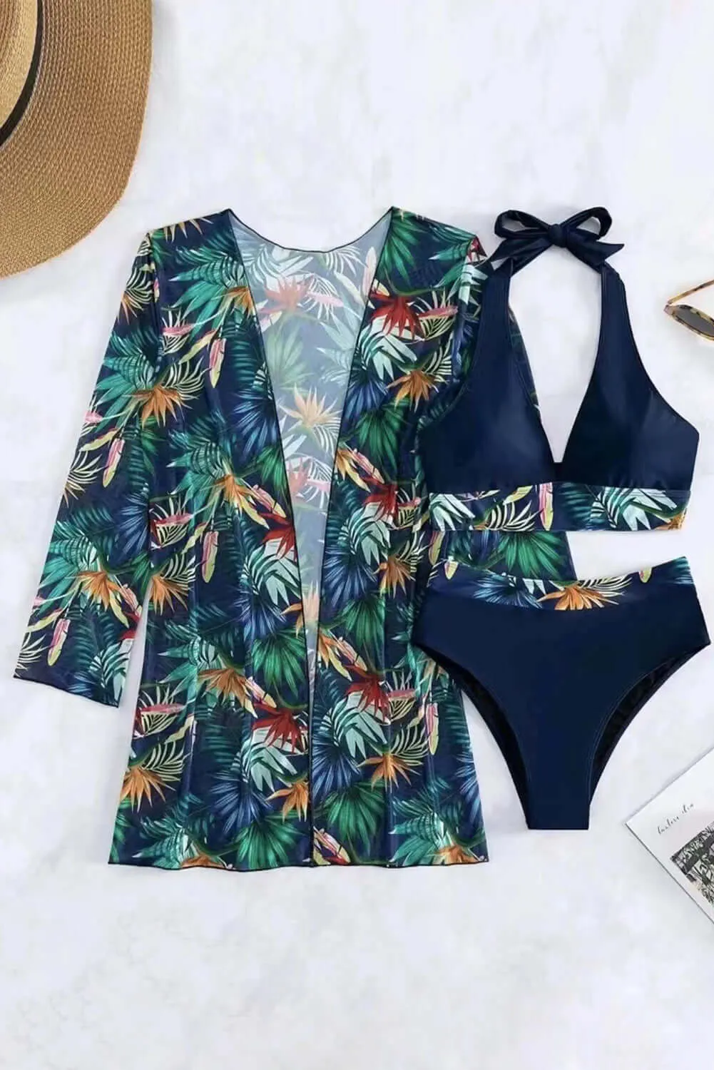 Tropical Escape: Contrast Trim Halter 3-Piece Bikini Set (Black)