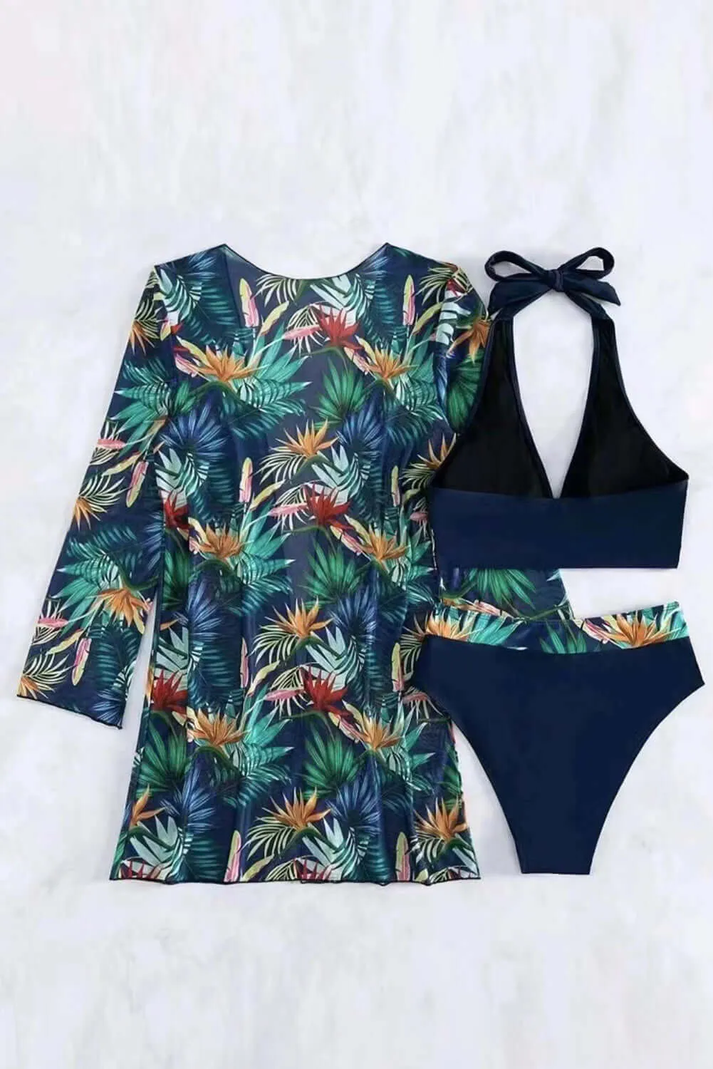 Tropical Escape: Contrast Trim Halter 3-Piece Bikini Set (Black)