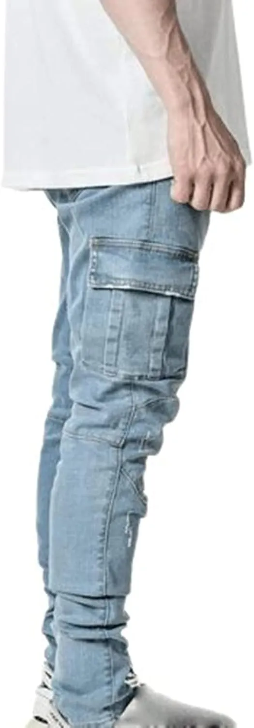 Uillui Men's Moto Biker Washed Distressed Jeans Straight Leg Slim Fit Jeans Pant 7 Pockets Stretch Denim Ripped Skinny Jeans