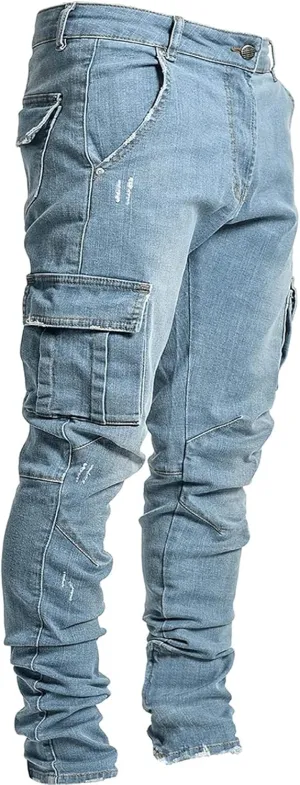 Uillui Men's Moto Biker Washed Distressed Jeans Straight Leg Slim Fit Jeans Pant 7 Pockets Stretch Denim Ripped Skinny Jeans