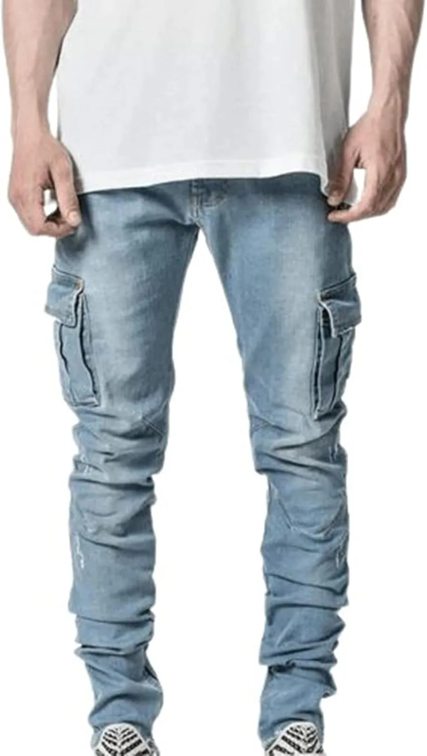 Uillui Men's Moto Biker Washed Distressed Jeans Straight Leg Slim Fit Jeans Pant 7 Pockets Stretch Denim Ripped Skinny Jeans