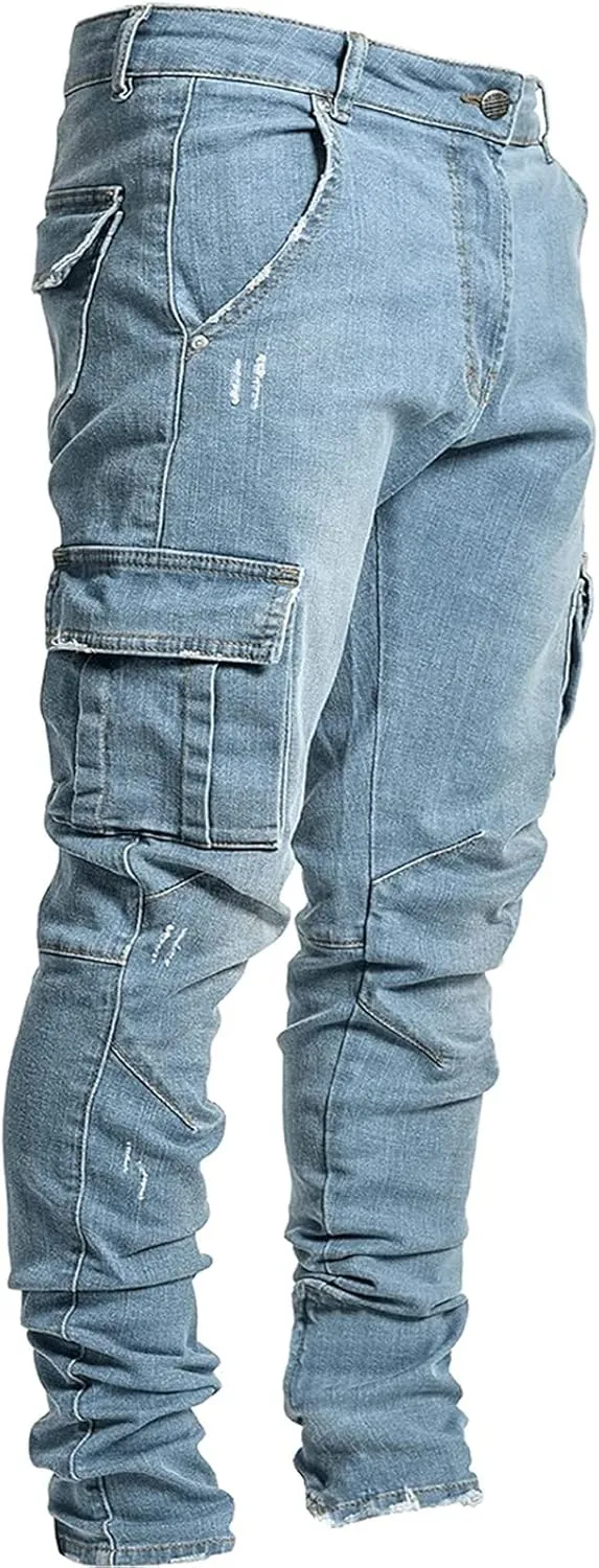 Uillui Men's Moto Biker Washed Distressed Jeans Straight Leg Slim Fit Jeans Pant 7 Pockets Stretch Denim Ripped Skinny Jeans