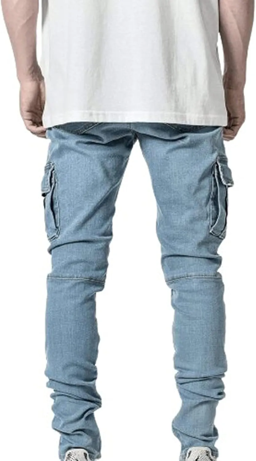 Uillui Men's Moto Biker Washed Distressed Jeans Straight Leg Slim Fit Jeans Pant 7 Pockets Stretch Denim Ripped Skinny Jeans