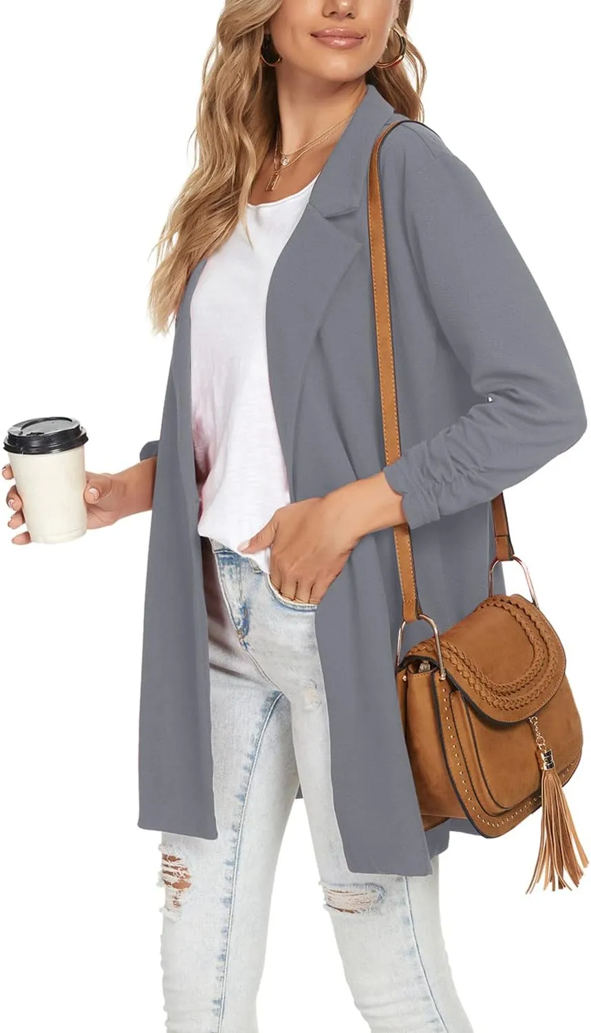Unifizz Women Long Blazers for Business Casual 3/4 Sleeve Button Front Notch Lapel Lightweight Work Office Blazer Jackets