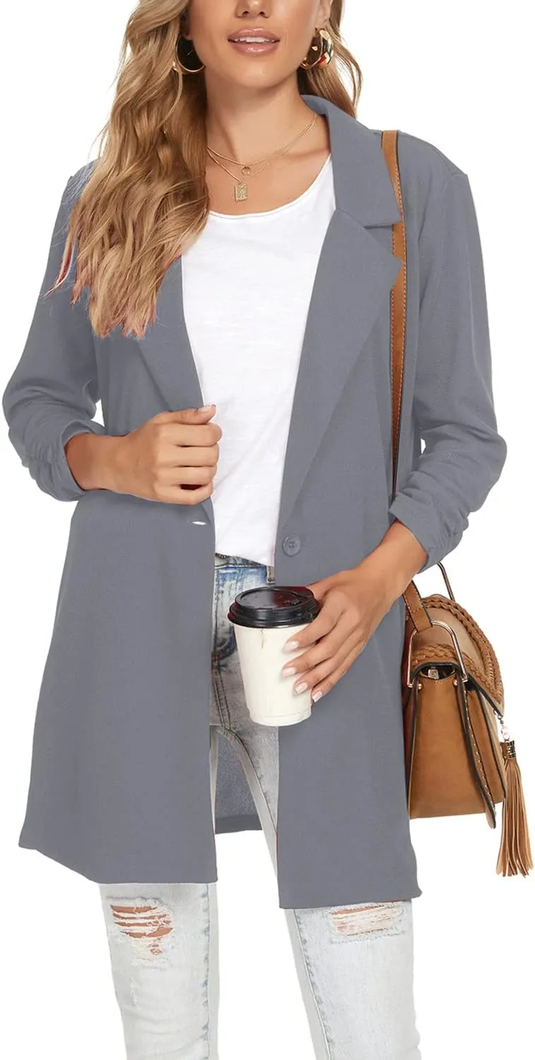 Unifizz Women Long Blazers for Business Casual 3/4 Sleeve Button Front Notch Lapel Lightweight Work Office Blazer Jackets