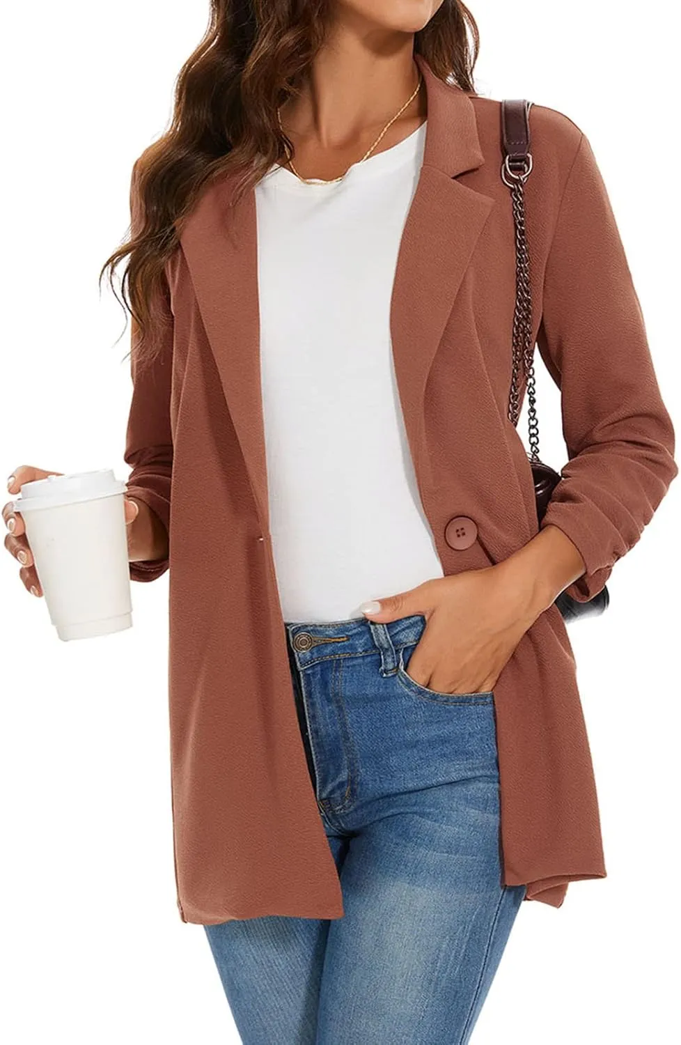 Unifizz Women Long Blazers for Business Casual 3/4 Sleeve Button Front Notch Lapel Lightweight Work Office Blazer Jackets