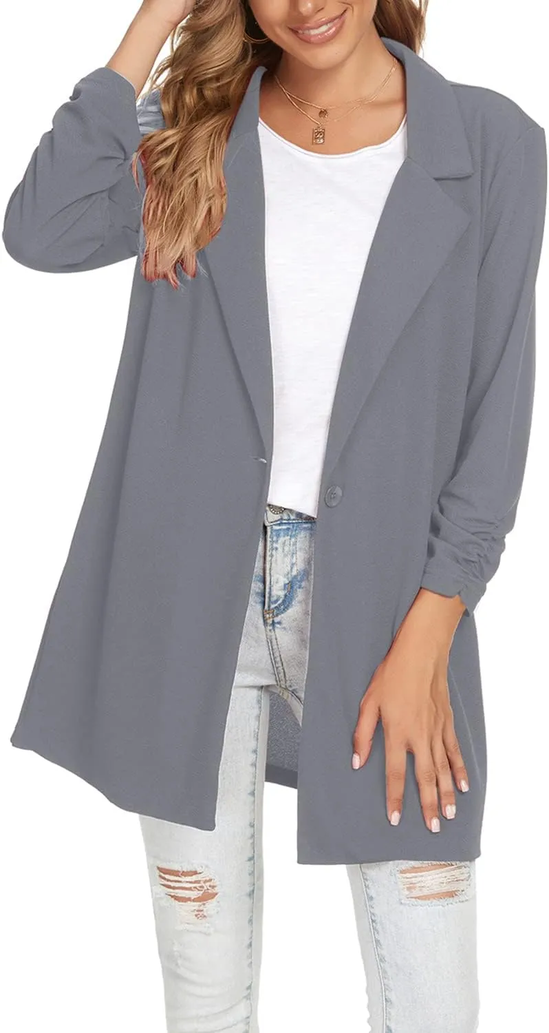 Unifizz Women Long Blazers for Business Casual 3/4 Sleeve Button Front Notch Lapel Lightweight Work Office Blazer Jackets