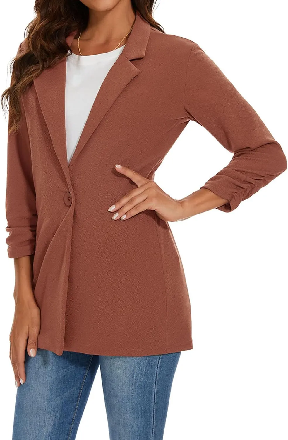 Unifizz Women Long Blazers for Business Casual 3/4 Sleeve Button Front Notch Lapel Lightweight Work Office Blazer Jackets