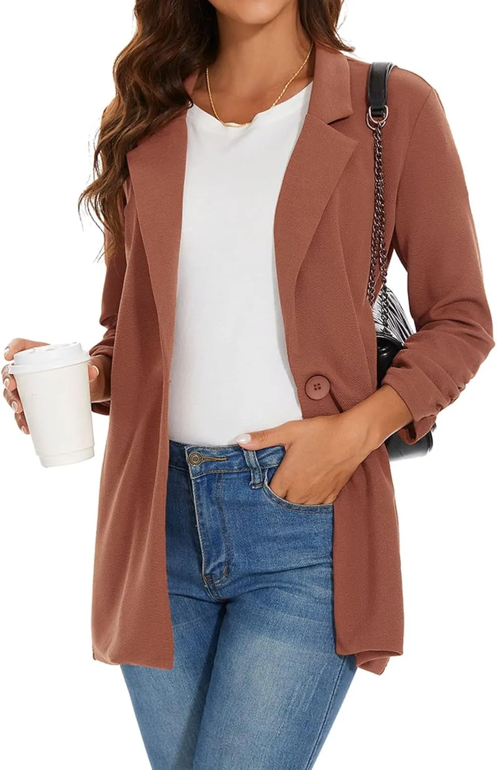 Unifizz Women Long Blazers for Business Casual 3/4 Sleeve Button Front Notch Lapel Lightweight Work Office Blazer Jackets