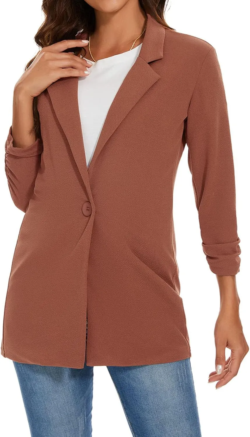 Unifizz Women Long Blazers for Business Casual 3/4 Sleeve Button Front Notch Lapel Lightweight Work Office Blazer Jackets