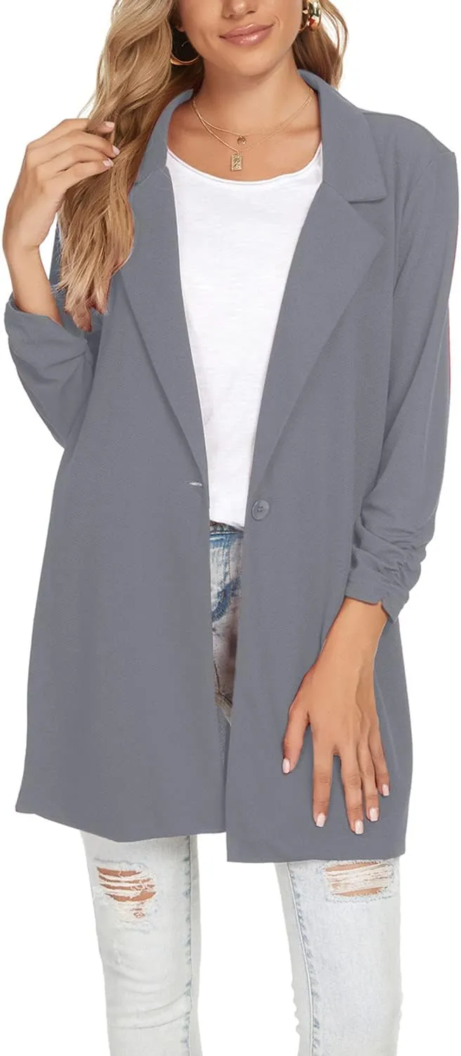 Unifizz Women Long Blazers for Business Casual 3/4 Sleeve Button Front Notch Lapel Lightweight Work Office Blazer Jackets