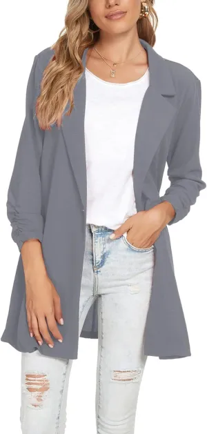 Unifizz Women Long Blazers for Business Casual 3/4 Sleeve Button Front Notch Lapel Lightweight Work Office Blazer Jackets