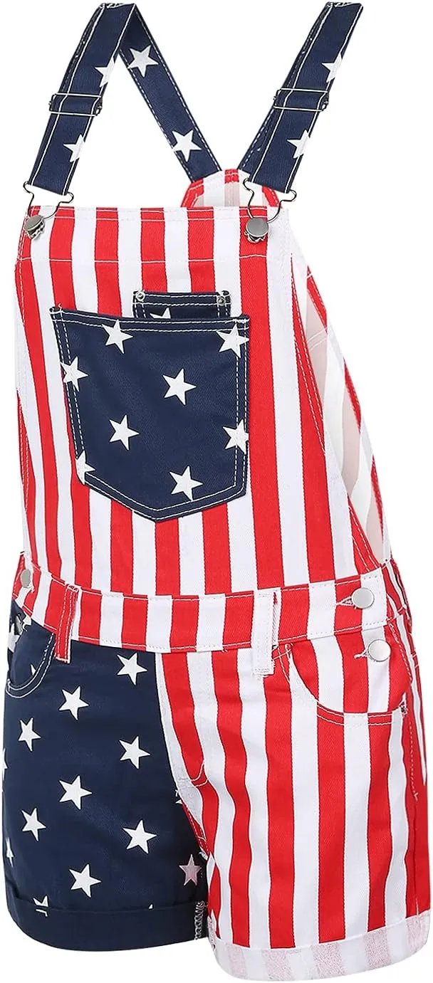 Unisex American Flag Overalls Shorts For Women Men 4th Of July Denim Bib Shorts Jumpsuits Festival Overalls