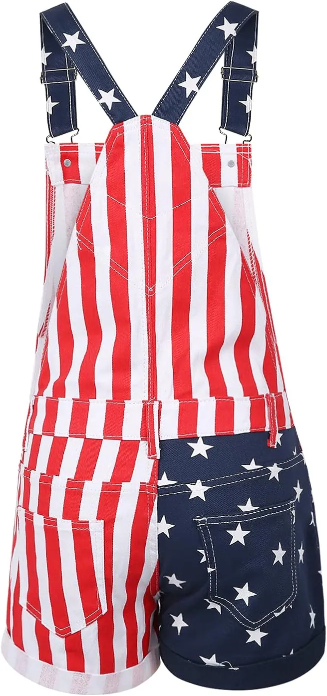 Unisex American Flag Overalls Shorts For Women Men 4th Of July Denim Bib Shorts Jumpsuits Festival Overalls