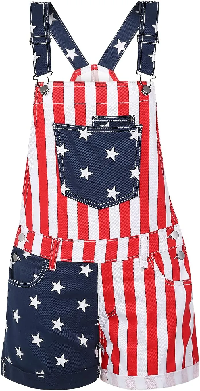 Unisex American Flag Overalls Shorts For Women Men 4th Of July Denim Bib Shorts Jumpsuits Festival Overalls