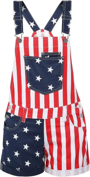 Unisex American Flag Overalls Shorts For Women Men 4th Of July Denim Bib Shorts Jumpsuits Festival Overalls