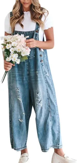 utcoco Women's Casual Adjustable Straps Denim Bib Overalls Distressed Ripped Wide Leg Jeans Long Pants Jumpsuits