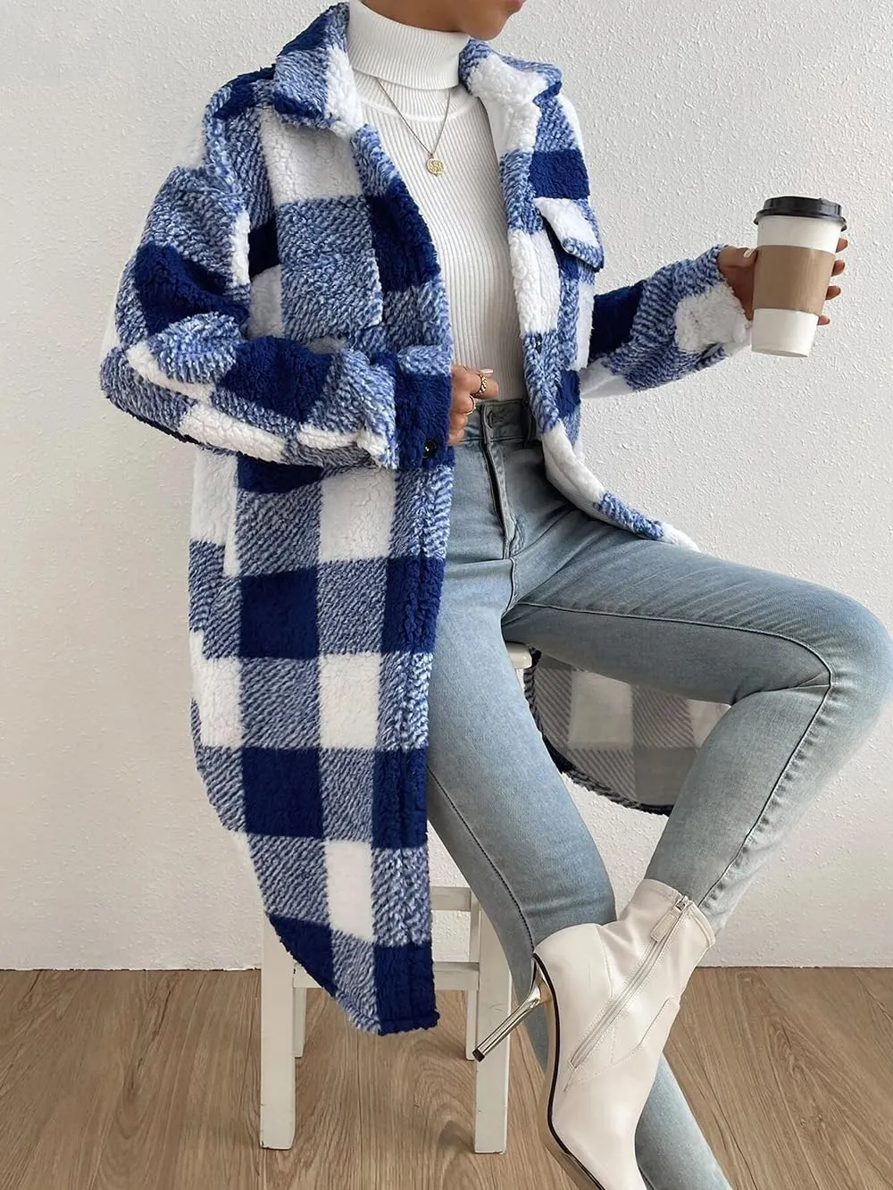 utcoco Womens Long Fleece Plaid Jacket Cozy Lapel Button Down Sherpa Shacket 2024 Fall Winter Plaid Coats