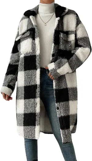 utcoco Womens Long Fleece Plaid Jacket Cozy Lapel Button Down Sherpa Shacket 2024 Fall Winter Plaid Coats